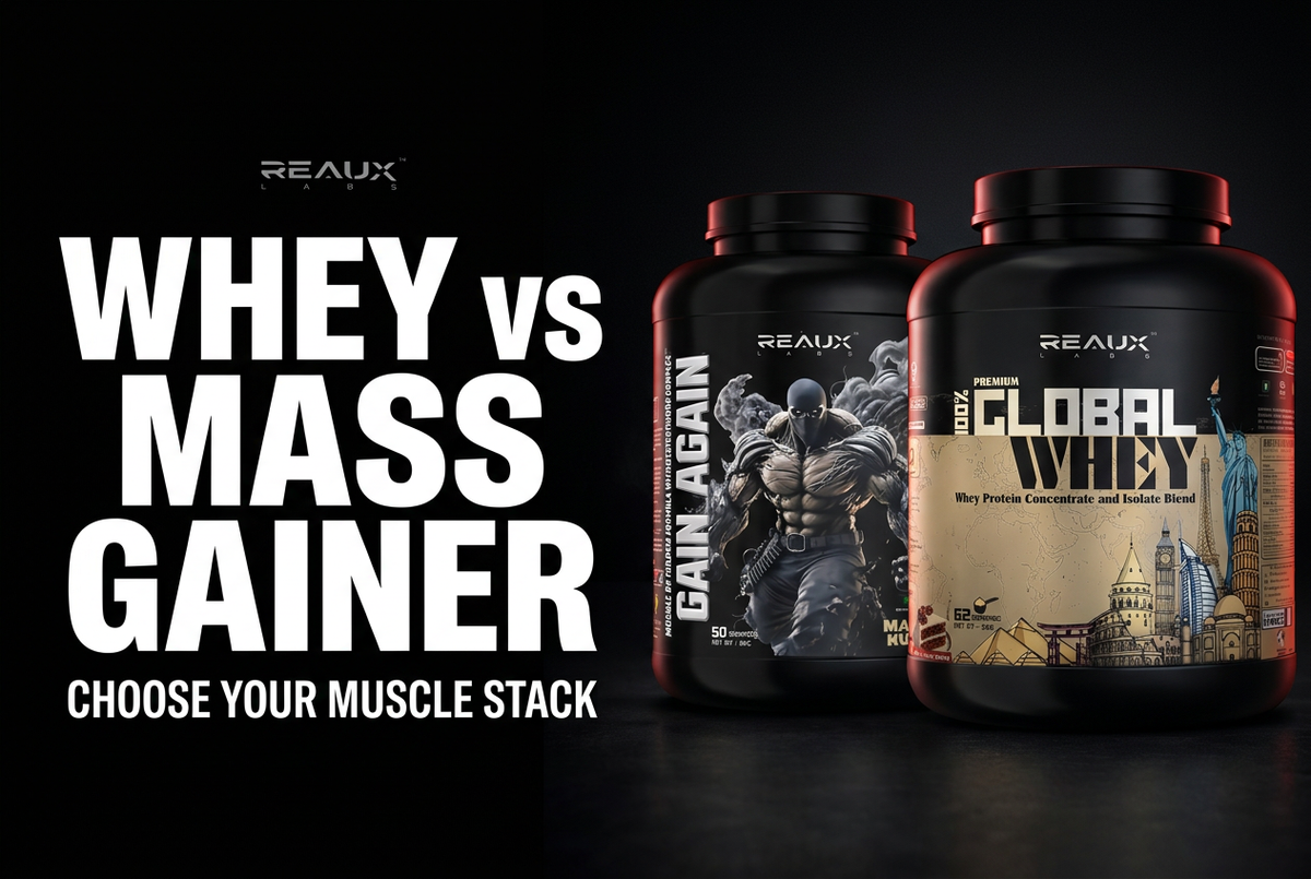 Reaux Labs whey versus mass gainer blog cover using product photos